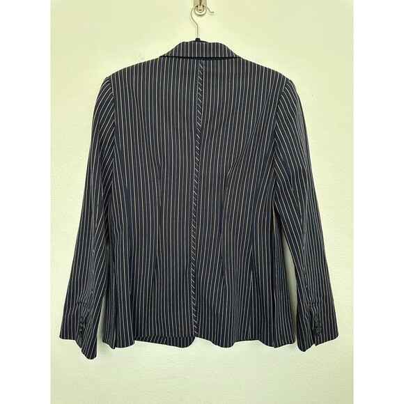 Derek Lam 10 Crosby Power Stripe Blazer Pleated Navy Blue Yellow Structured Sz 8 - Picture 9 of 14